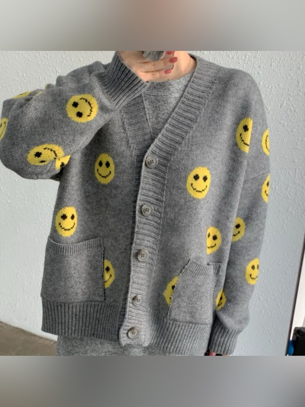 FM 2050 Grey All Over the Smile Art To Wear Cardigan
One Size
